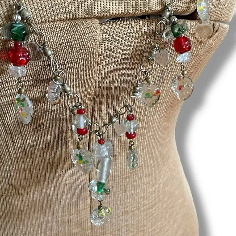 Vintage Art Glass Heart Charm Necklace Long Length 30